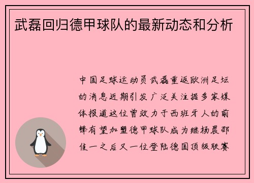 武磊回归德甲球队的最新动态和分析
